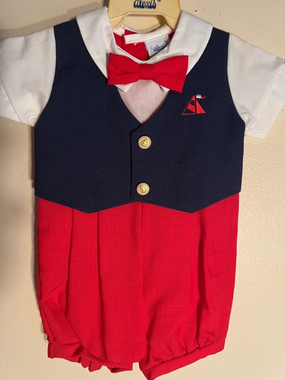 Vintage Alexis Navy, Red & White Bow-Tie Baby Romper